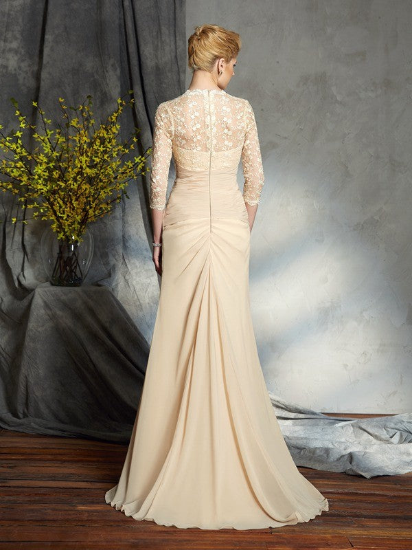 Robe de mère de la mariée longue en mousseline de soie et dentelle à manches 3/4